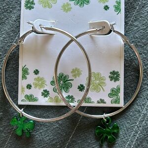 New Silver Hoop Earrings with Green Shamrock Charm